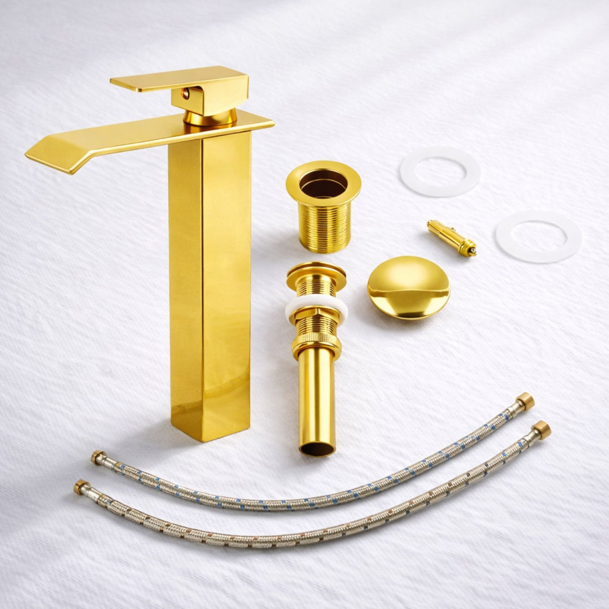 Kit Lavamanos Sobreponer Blanco Canoa 41 x 33 cm con Grifería Alta Milan Oro y Desagüe Push Oro