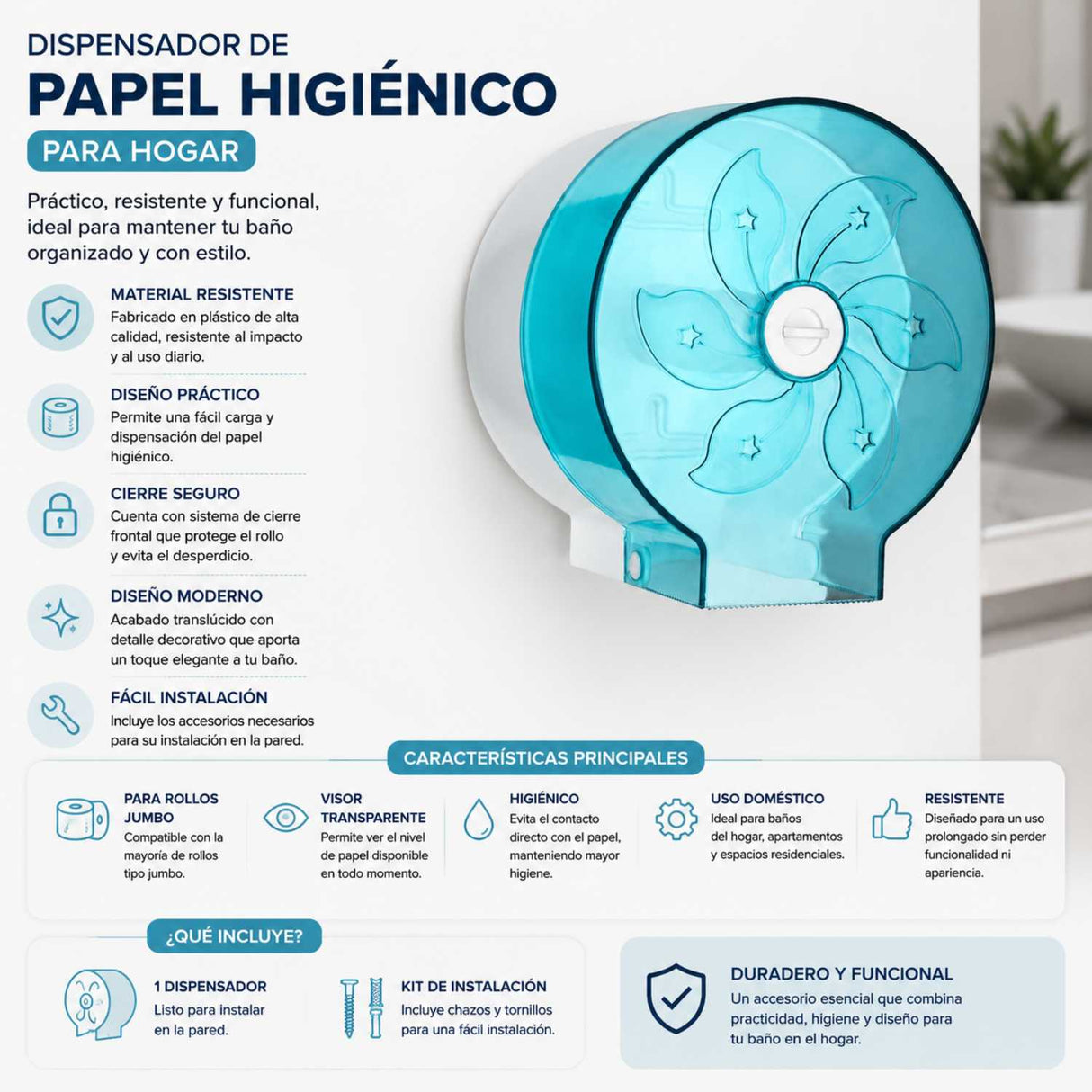 Dispensador de Papel Higiénico para Hogar ABS Acrílico 17 x 15.5 x 13 cm | Porta Rollo Familiar