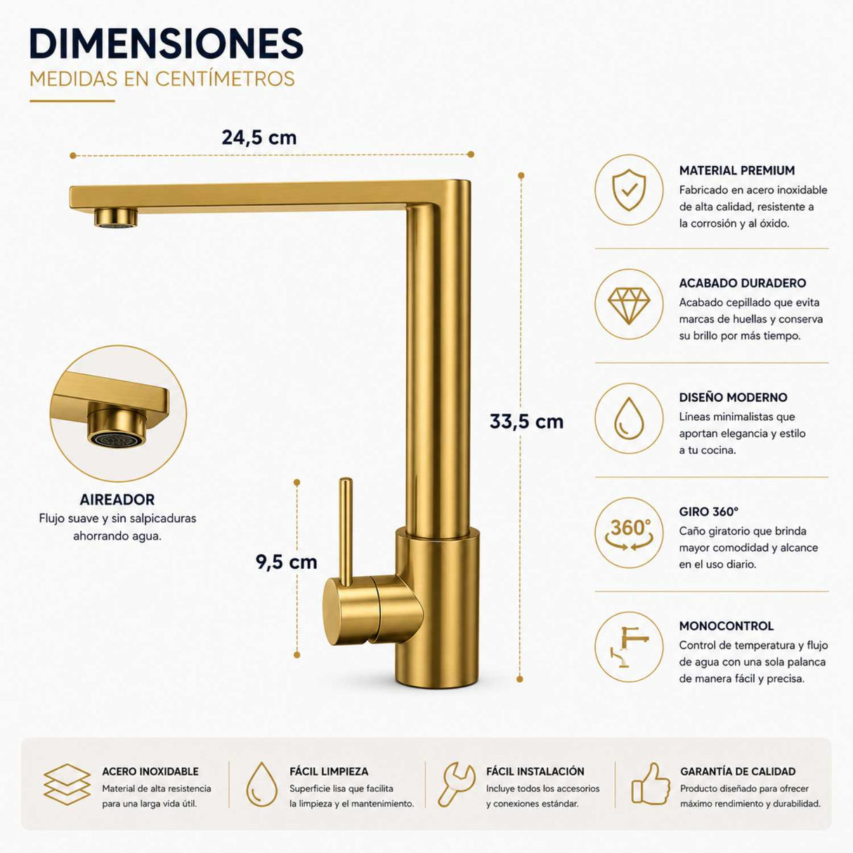 Grifería Monocontrol Lavaplatos Tipo L Oro Cepillado Cocina Moderna de Lujo