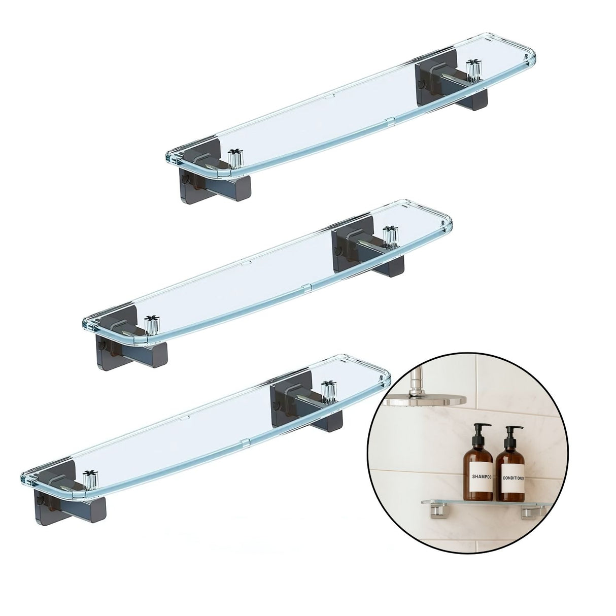 Pack x 3 Repisa Acrílica Transparente 45Cm Soportes Cromados Alta Resistencia