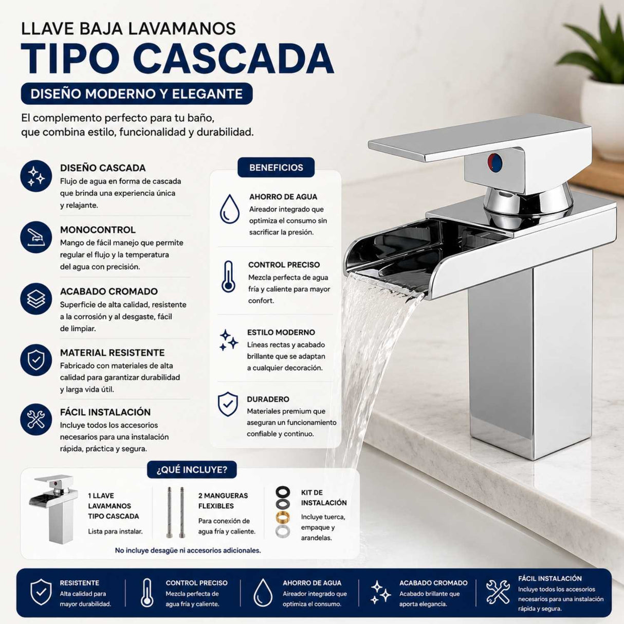 Grifería Lavamanos Bajo Cascada Monocontrol 20 cm con Salida Tipo Cascada