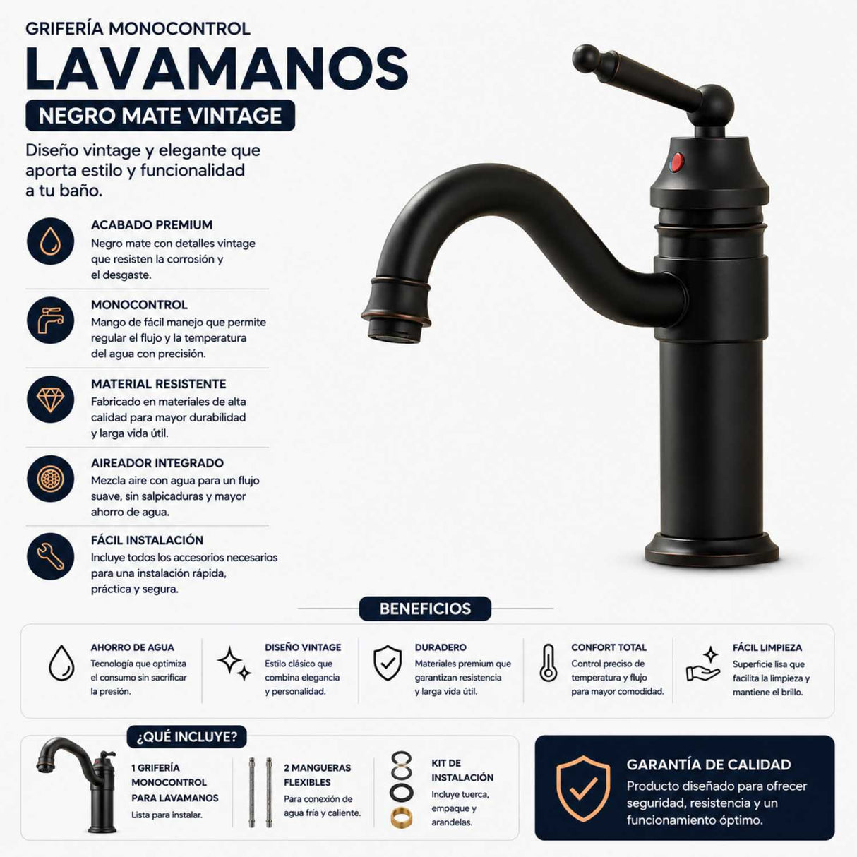 Grifería Lavamanos Bajo Negro Mate Vintage Monocontrol 18 cm | Llave para Baño