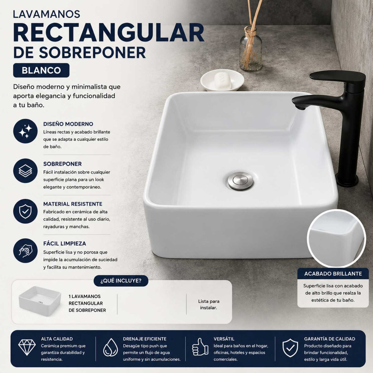 Lavamanos Sobreponer Rectangular Cerámico Blanco 48 x 37 cm para Baño Moderno
