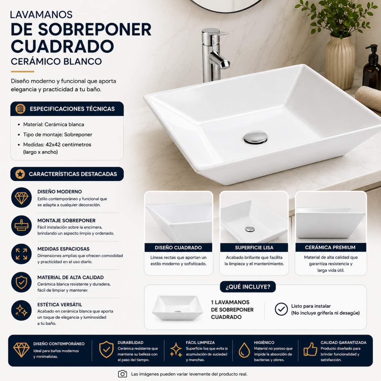 Lavamanos Sobreponer Cuadrado Cerámico Blanco 42x42 centímetros (largo x ancho)