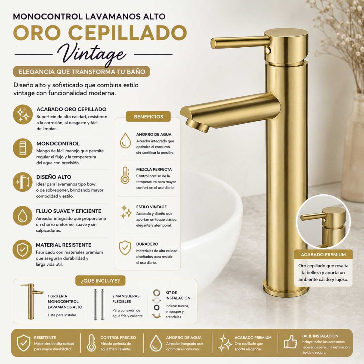 Grifería Lavamanos Alta Monocontrol Oro Cepillado 29 cm Alto Cuello Recto