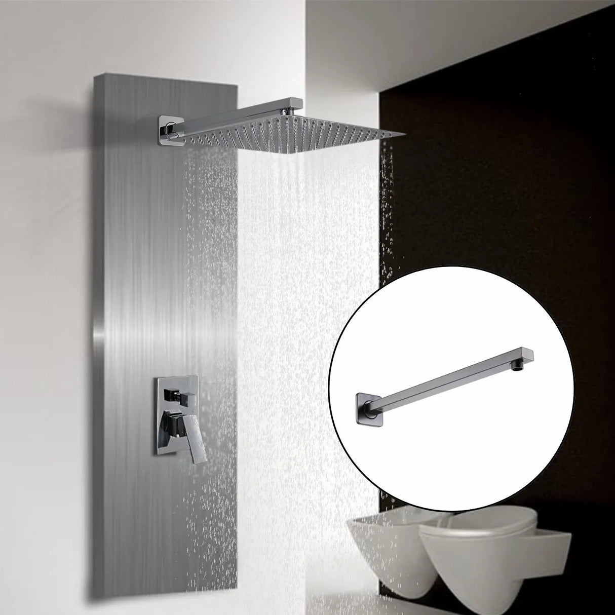 Set Tubo Cuadrado + Regadera Gris Níquel Antihuellas Kassel 25x30 cm