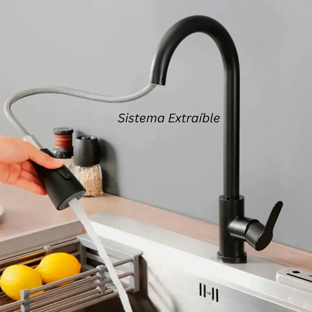 Set de Lujo para Lavaplatos: Canastilla Lujo y Grifería Monocontrol Extraíble en Negro Mate