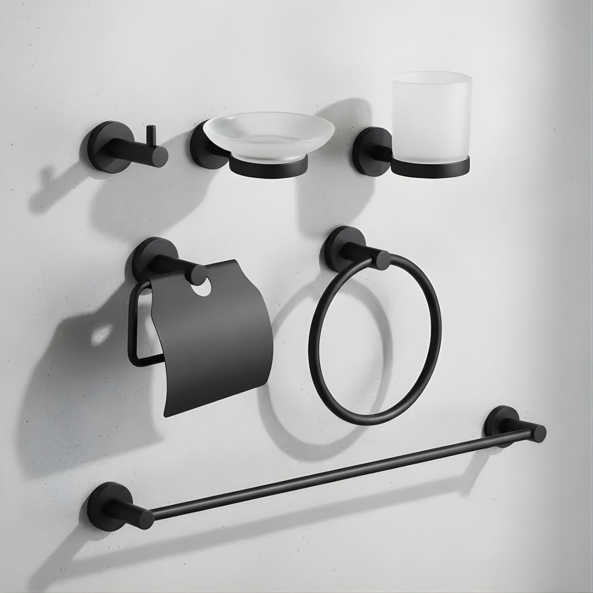 Juego Accesorios Baño Singolo X 6 Negro Mate Diseño Moderno