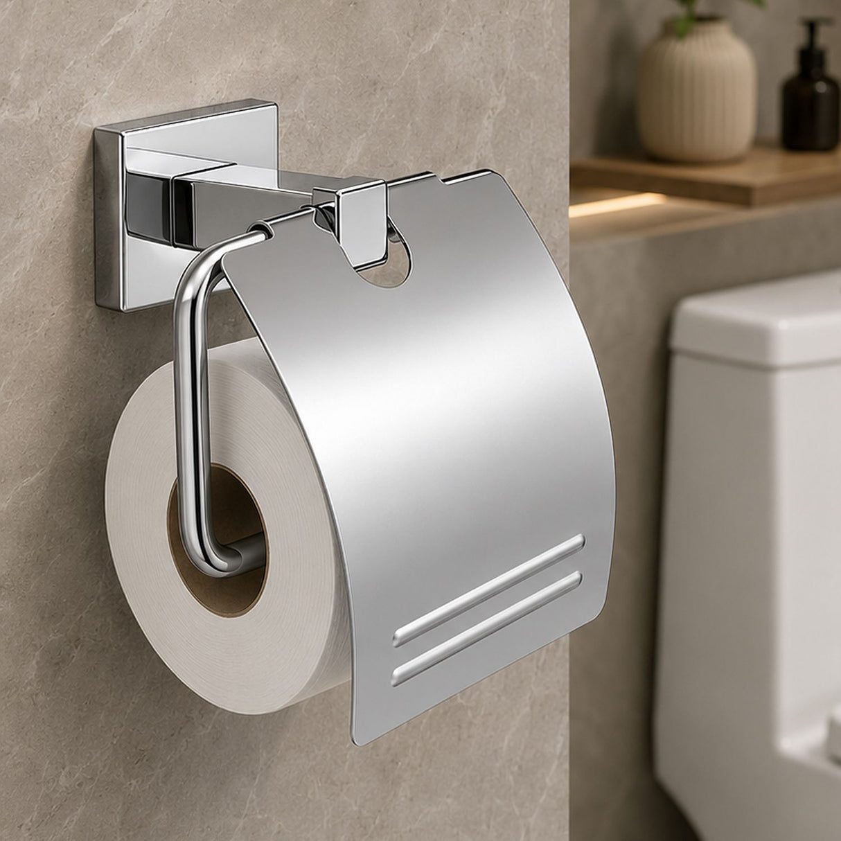 Portarrollos para Baño con Tapa Base Cuadrada Cromado