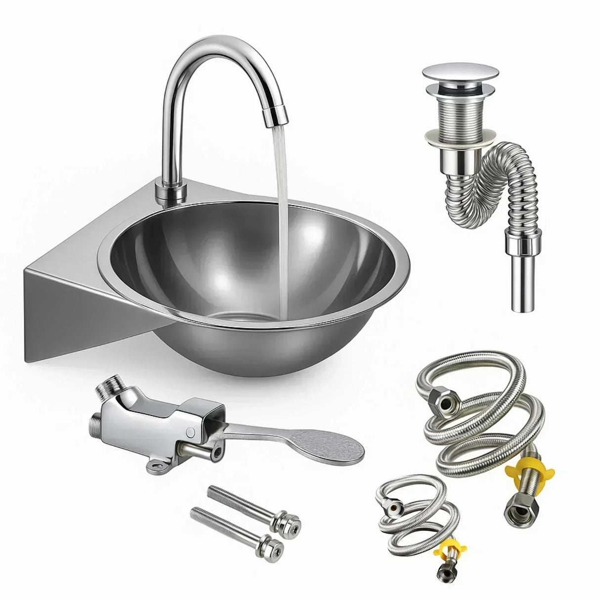 Set Lavamanos Acero Inoxidable 40x42cm + Kit Pedal + Desague