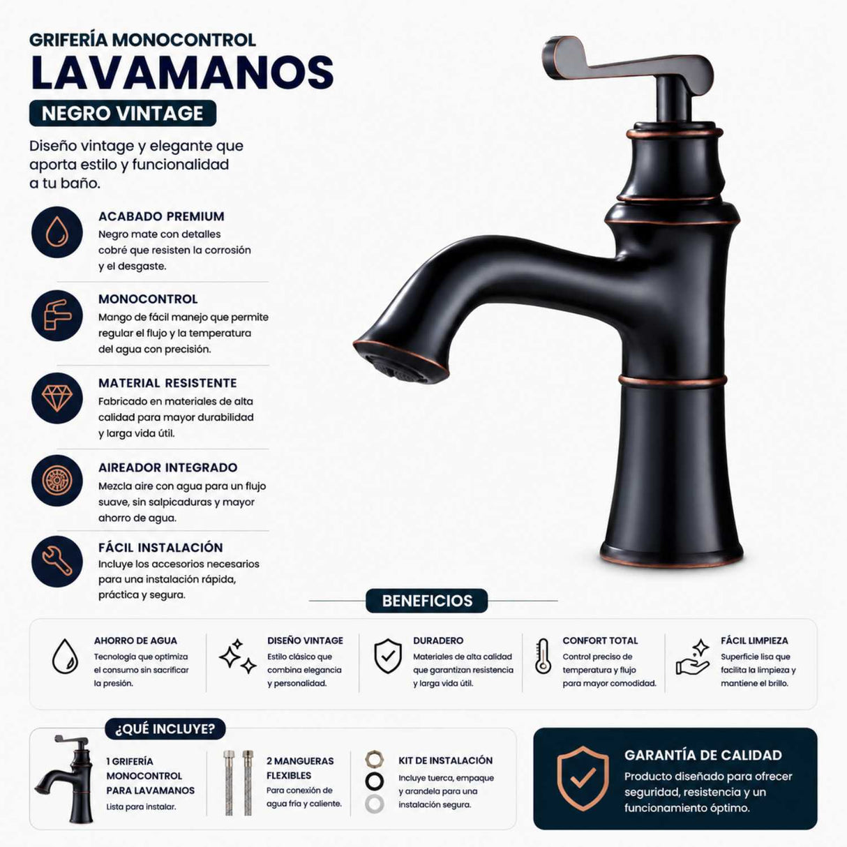 Grifería Lavamanos Bajo Negro Mate Vintage Monocontrol | Llave Moderna para Baño