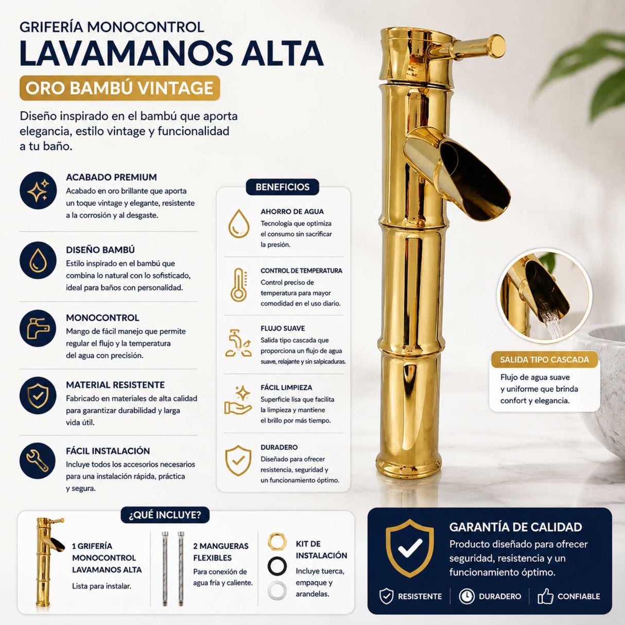 Grifería Monocontrol Cascada Alto Bambú