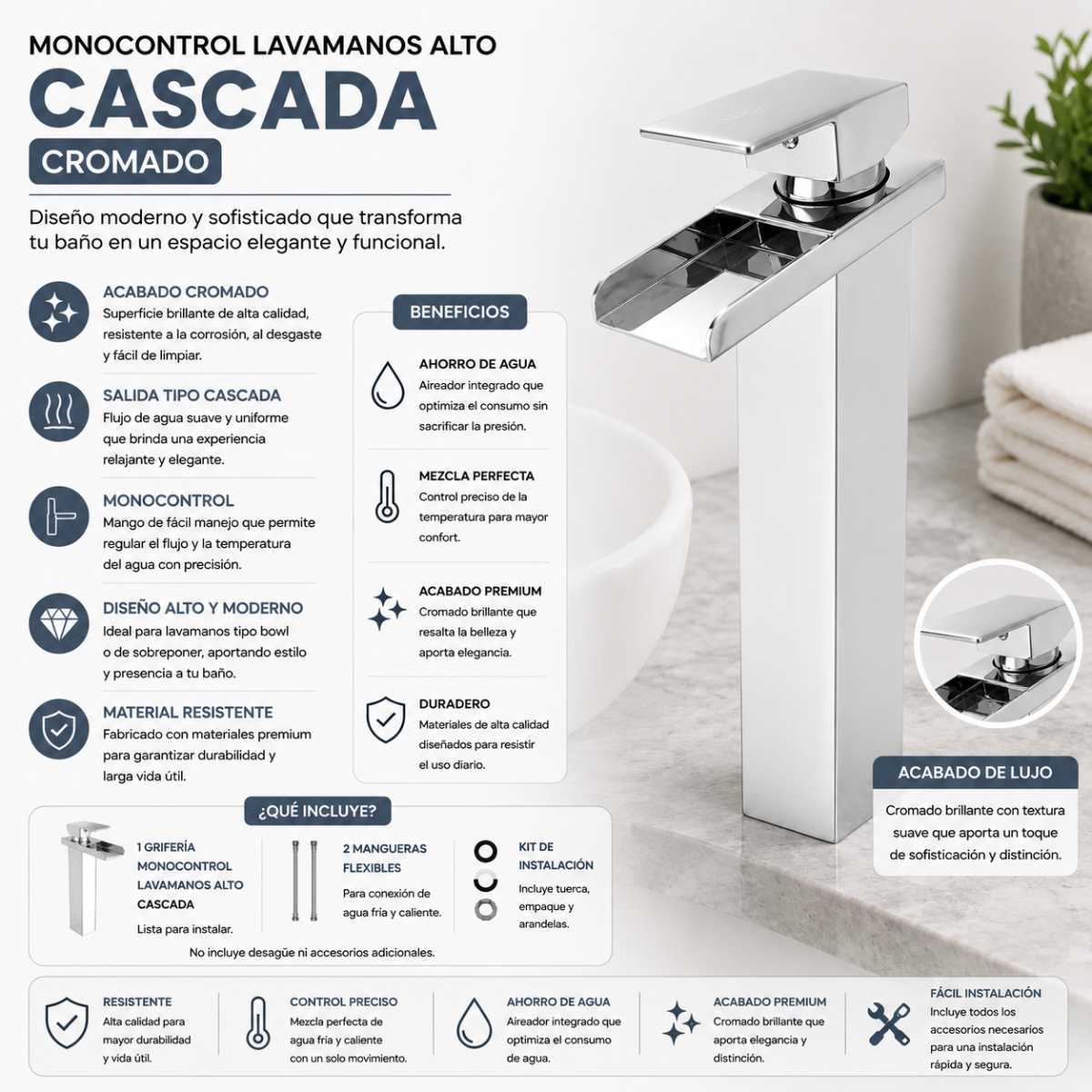 Grifería Monocontrol Lavamanos Alto Cascada Cromado 29 cm