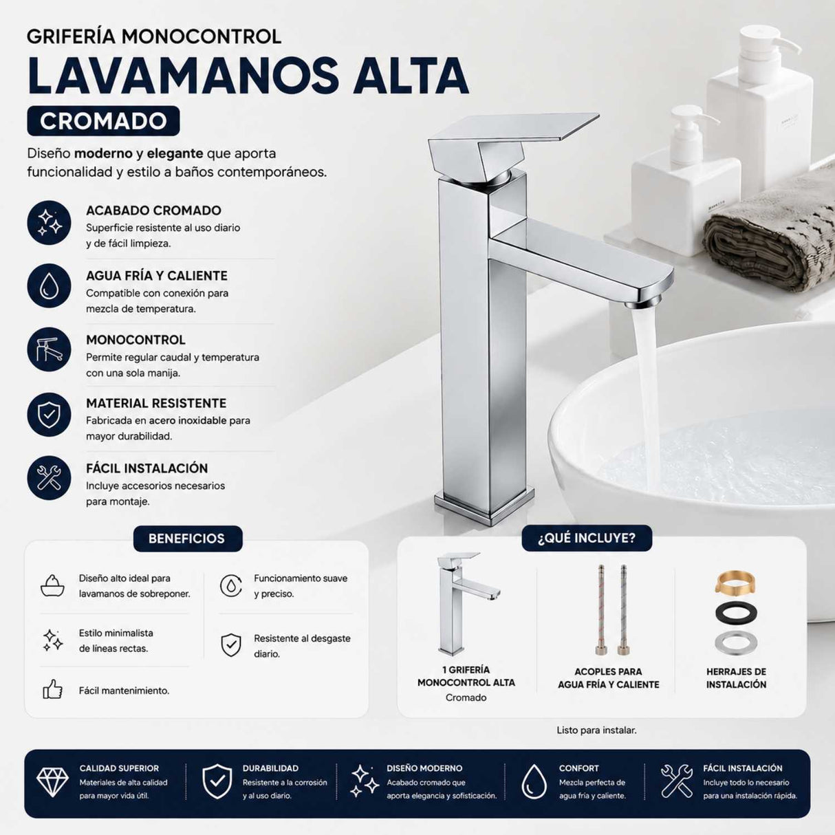 Grifería Lavamanos Alto Cuadrado Satinado 31 cm Monocontrol para Lavamanos Vessel
