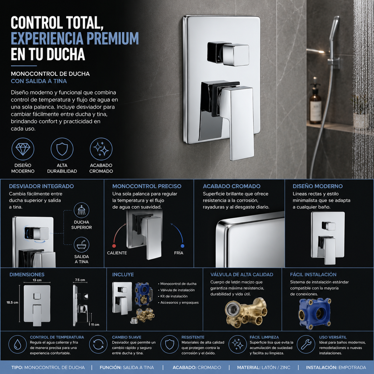 Monocontrol Ducha Cromado con Salida a Tina | Mezclador Moderno para Baño Premium