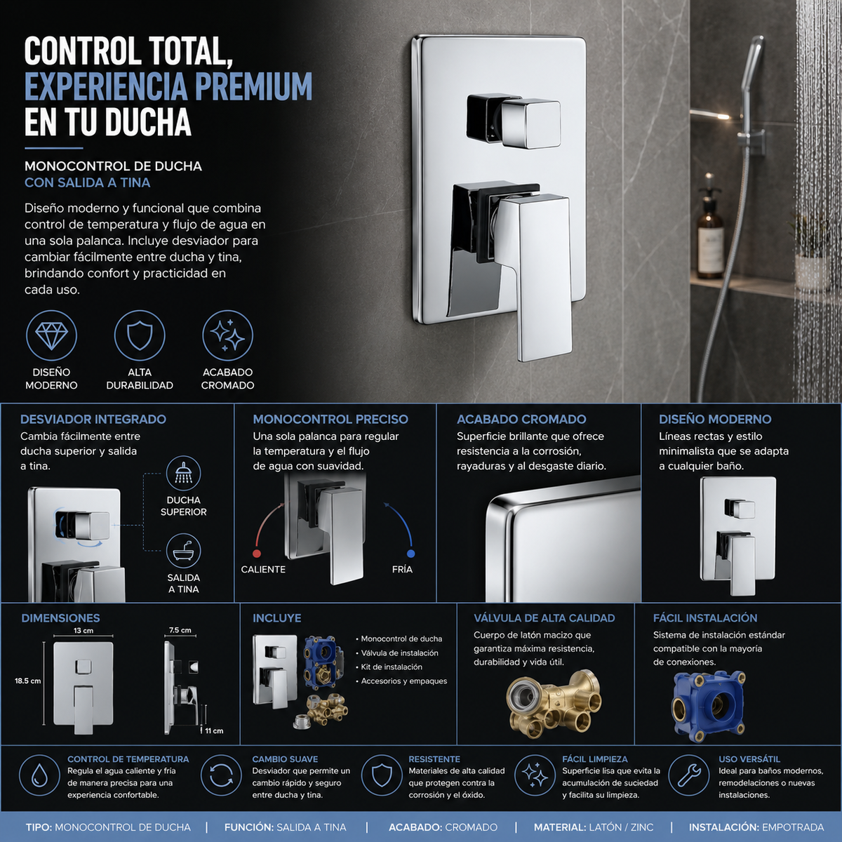 Detalle del monocontrol cromado para ducha