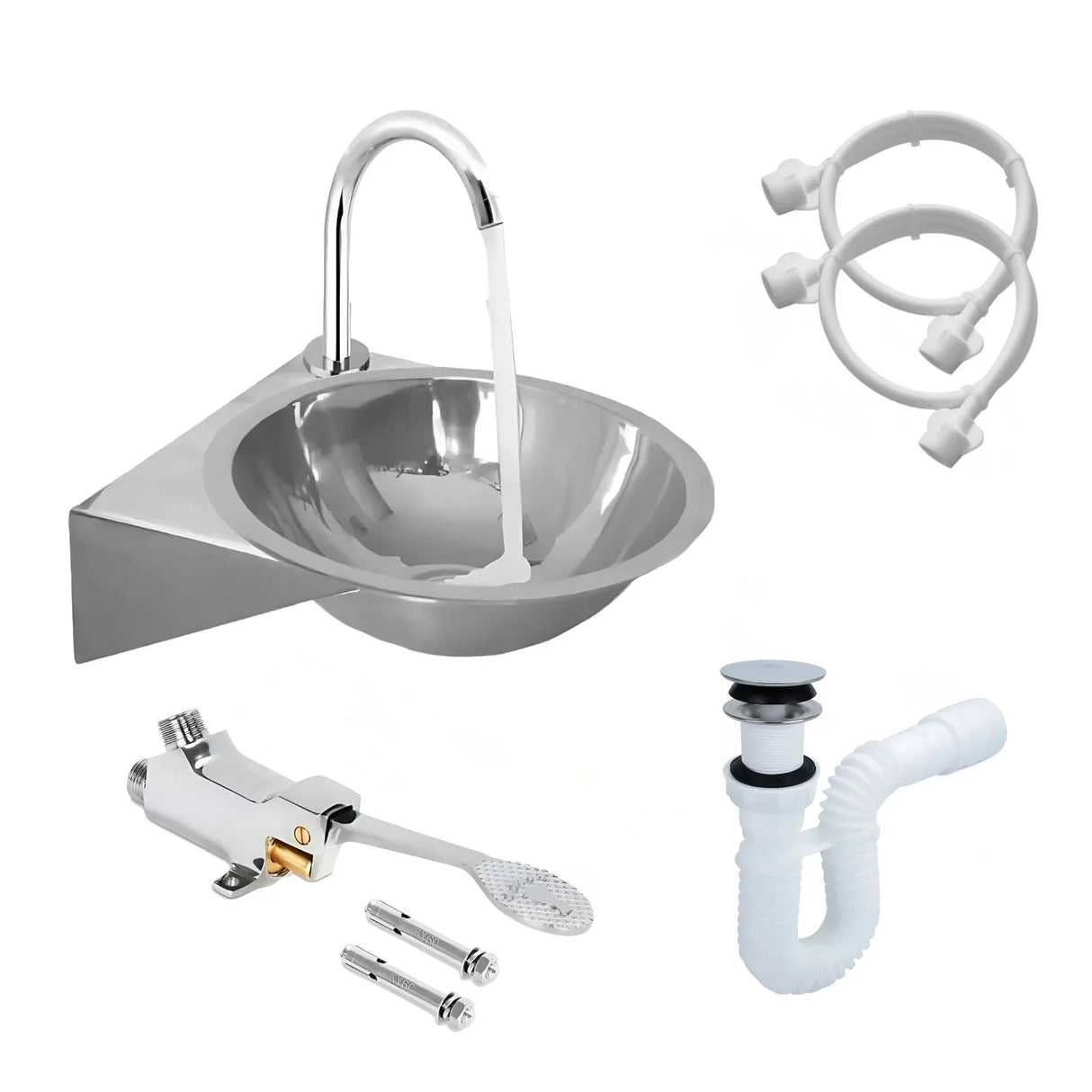 Set Grifería Pedal Manos Libres con Lavamanos de Acero 30x28 cm