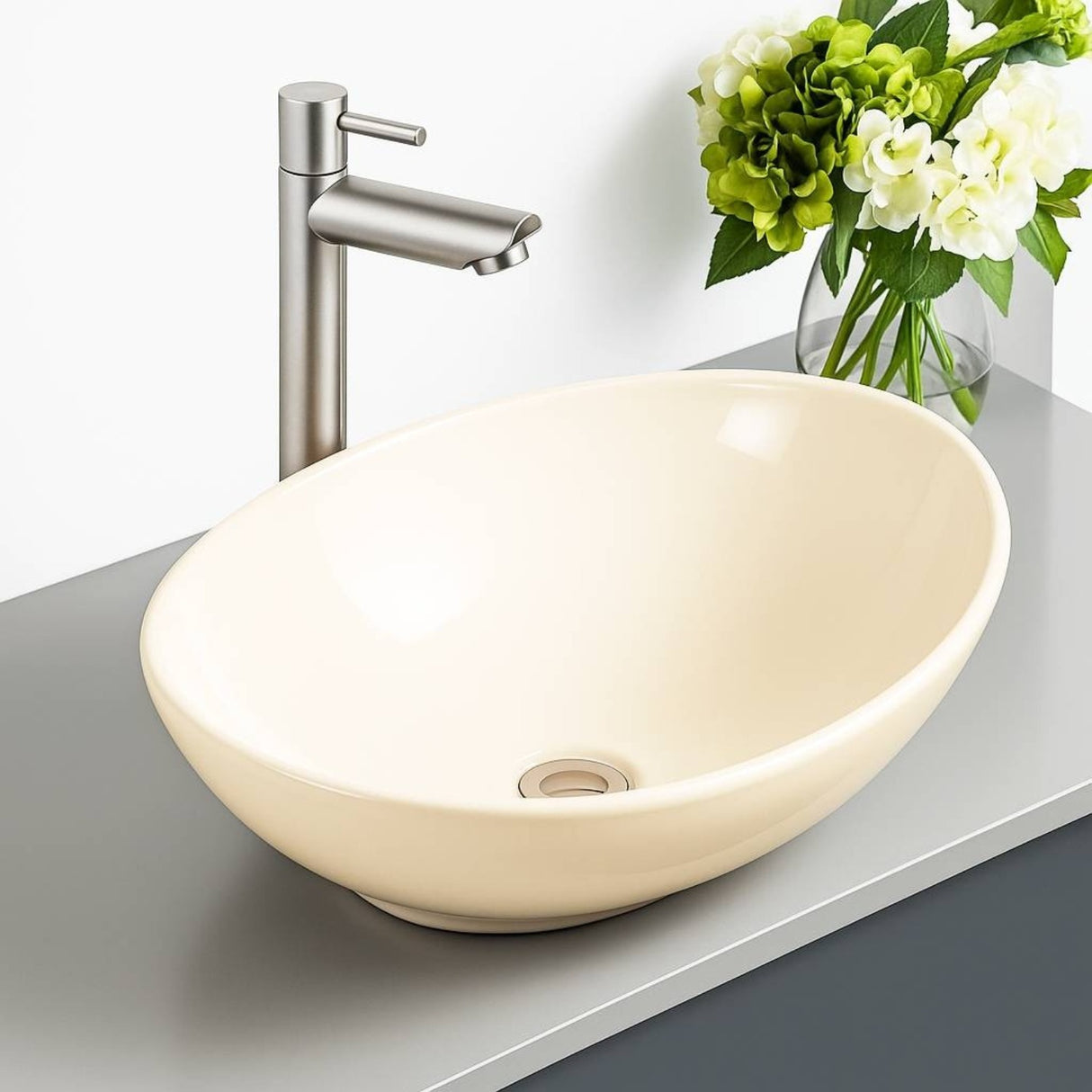 Kit Grifo Agua Fría Acero-lavamanos Canoa Beige Y Desagüe