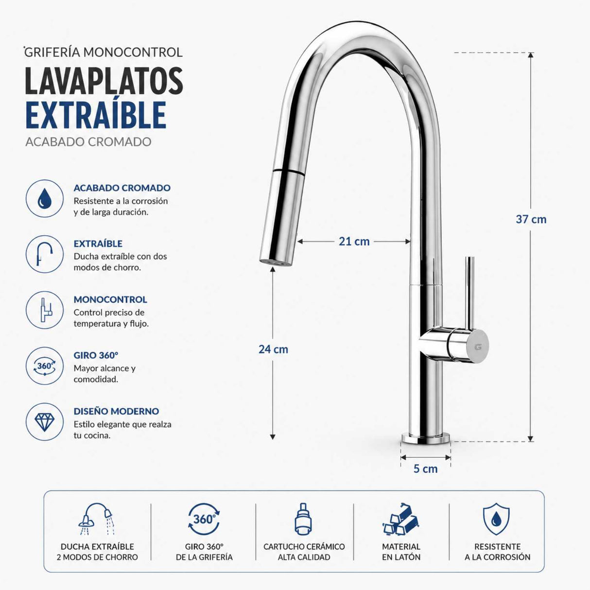 Grifería Lavaplatos Extraíble Cromada 37 cm | Monocontrol Cuello Alto Giro 360°