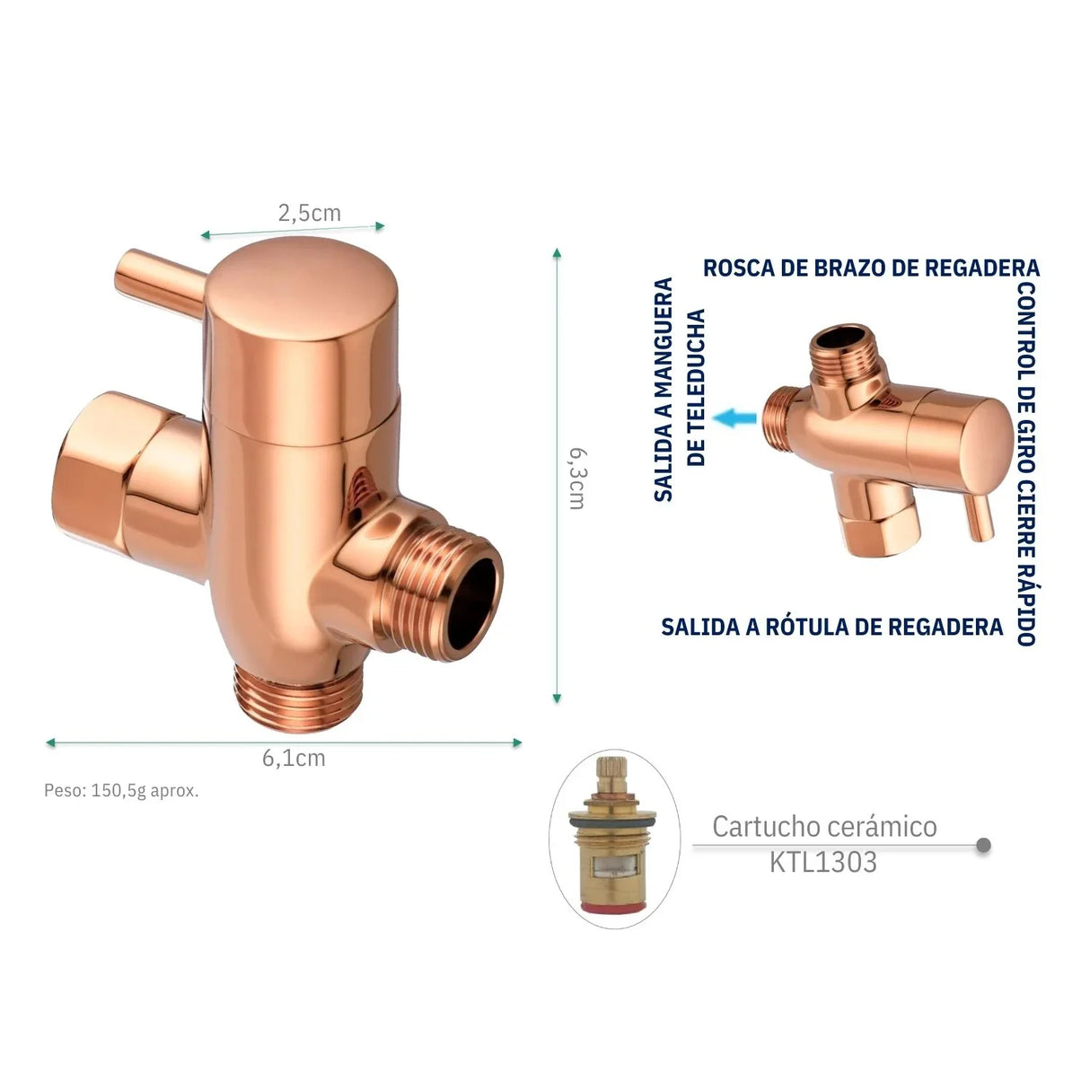 Desviador Derivador para Ducha Teléfono - Oro Rosa Metálico