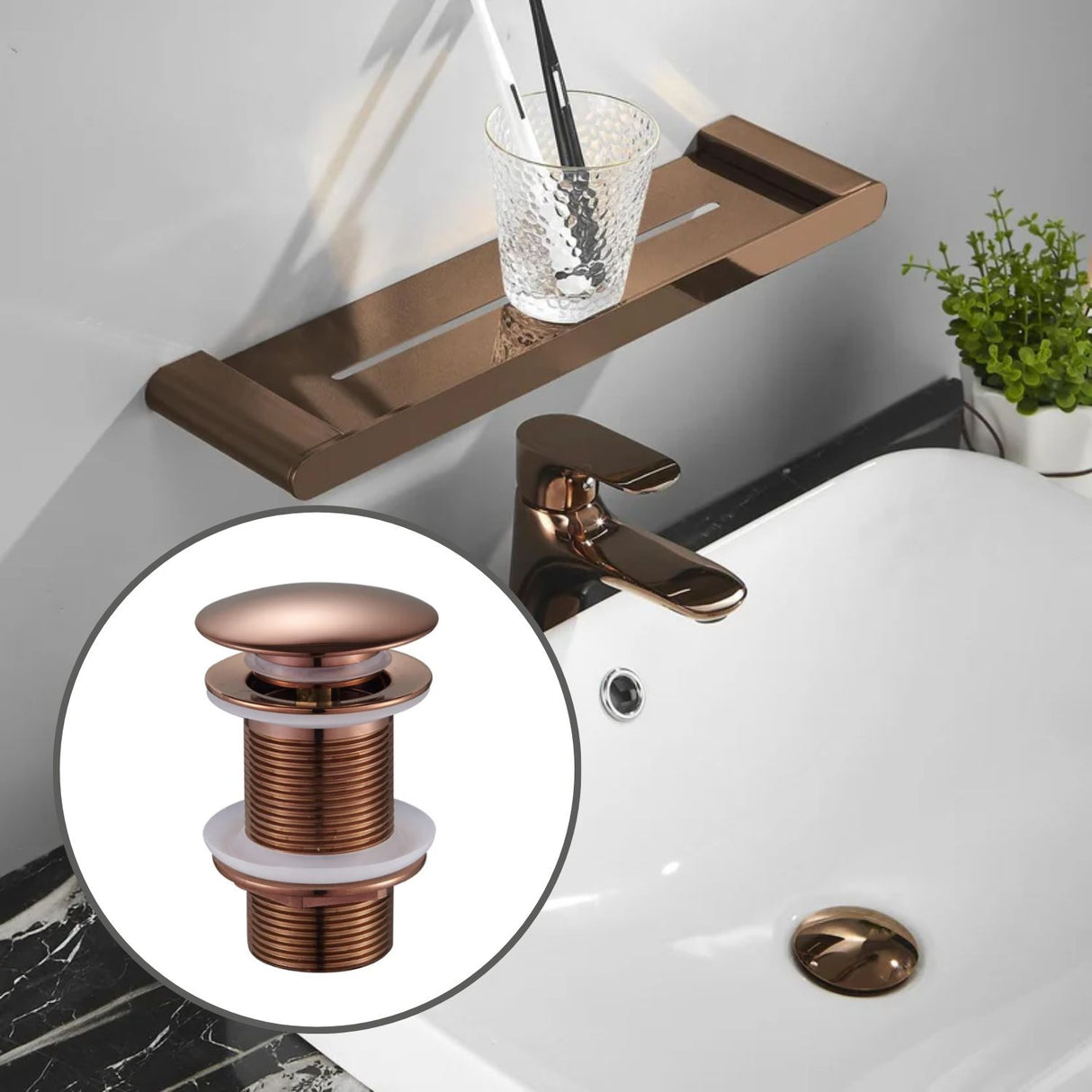 Desagüe Push para Lavamanos Cobre 7.8 cm Alto x 6.6 cm Ancho con Sosco Metálico 1 1/4 | Sistema Hongo Premium