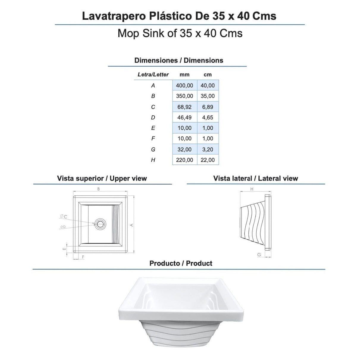 Lavatrapero Plástico Blanco Granito 35X40 + Válvula Pozuelo