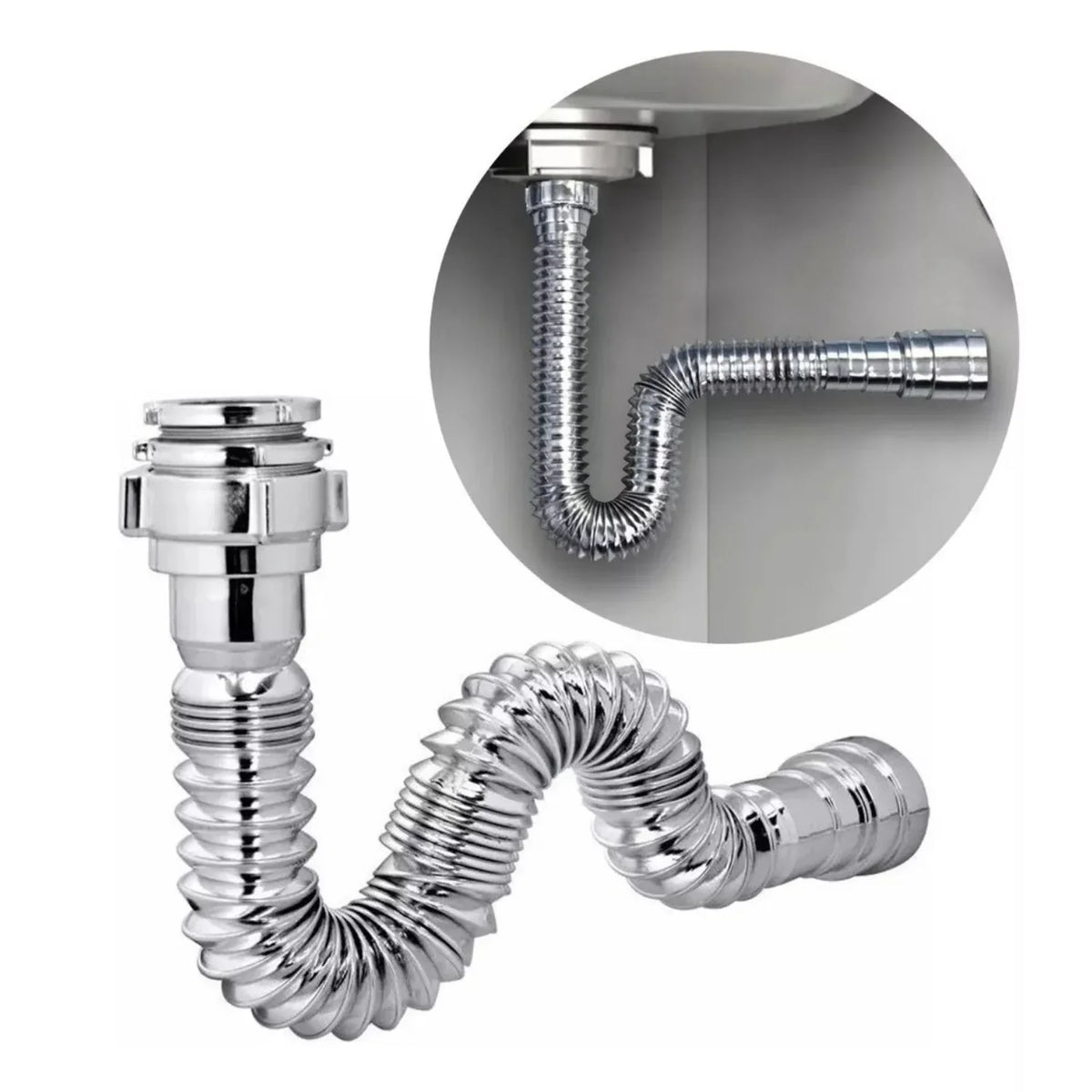 Kit Grifería Lavamanos Poste Alto Agua Fría + Sifón Desagüe Push Flexible Corrugado - Acero Inoxidable y Cromado
