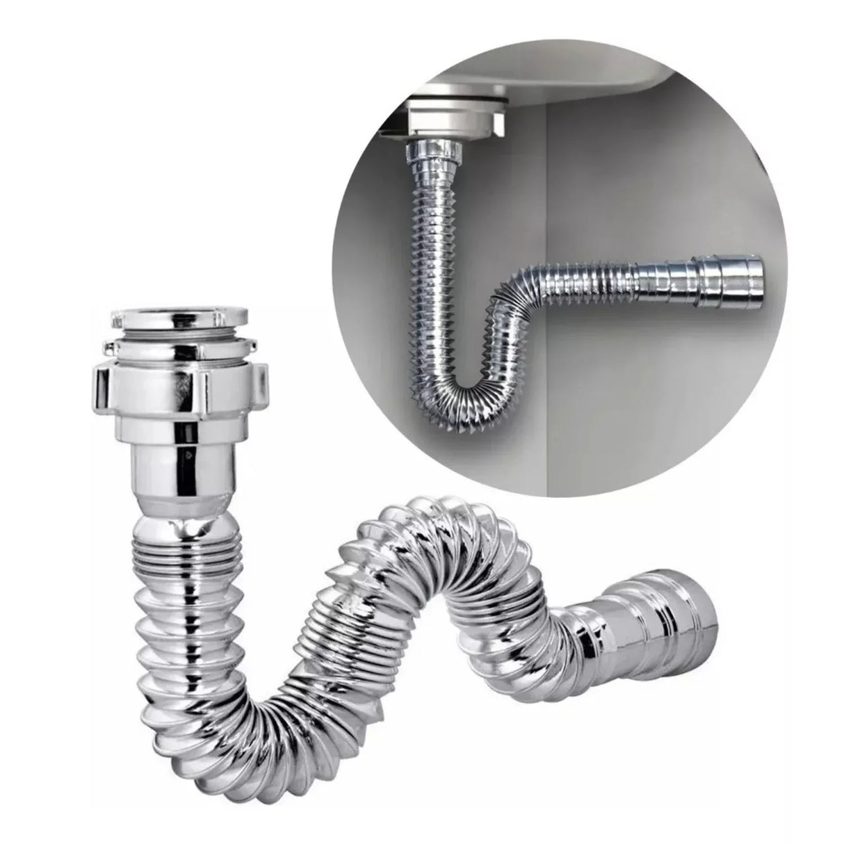 Sifón Desagüe Push Flexible Corrugado - Cromado - Metal y Polipropileno - 42.5 cm - Fácil Instalación