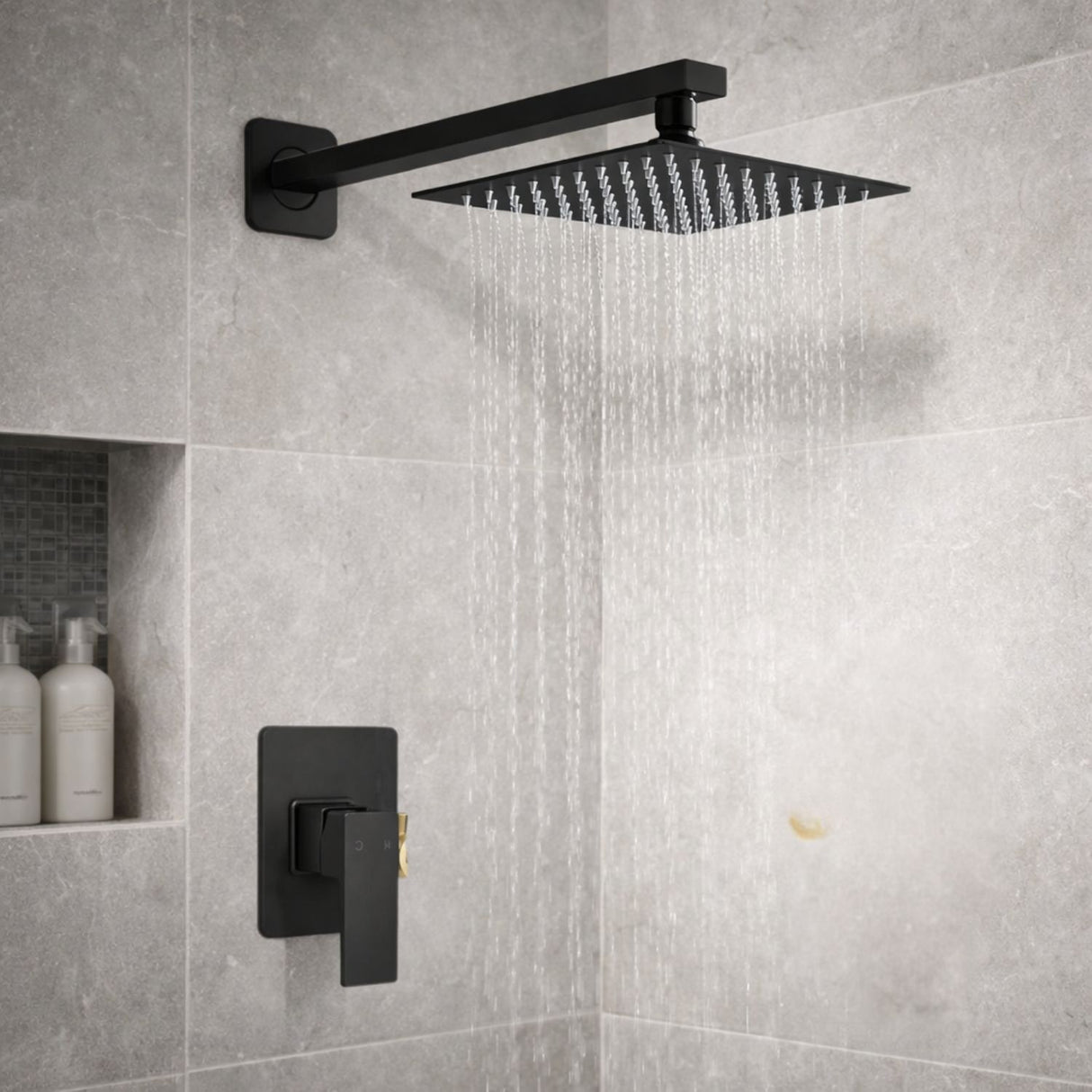 Conjunto Ducha Orca Negro Mate Cuadrada 25 cm - Tipo Lluvia con Brazo para Baño