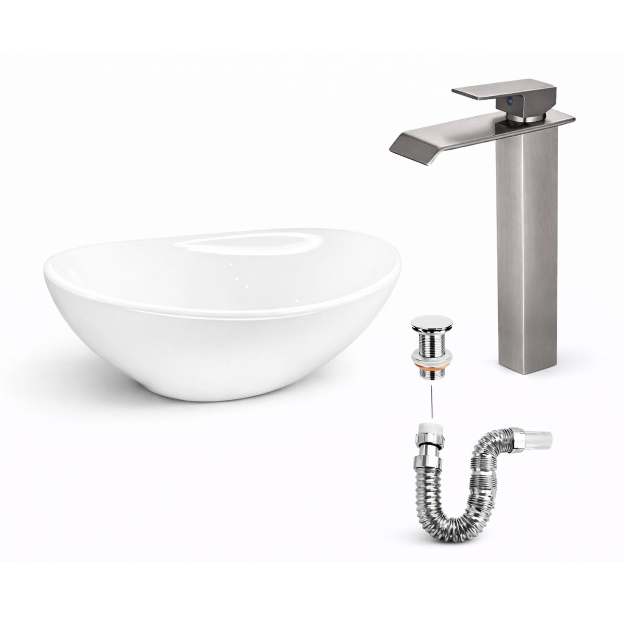 Kit Completo Lavamanos Blanco Canoa + Grifería Cascada Acero 304 + Sifón y Push