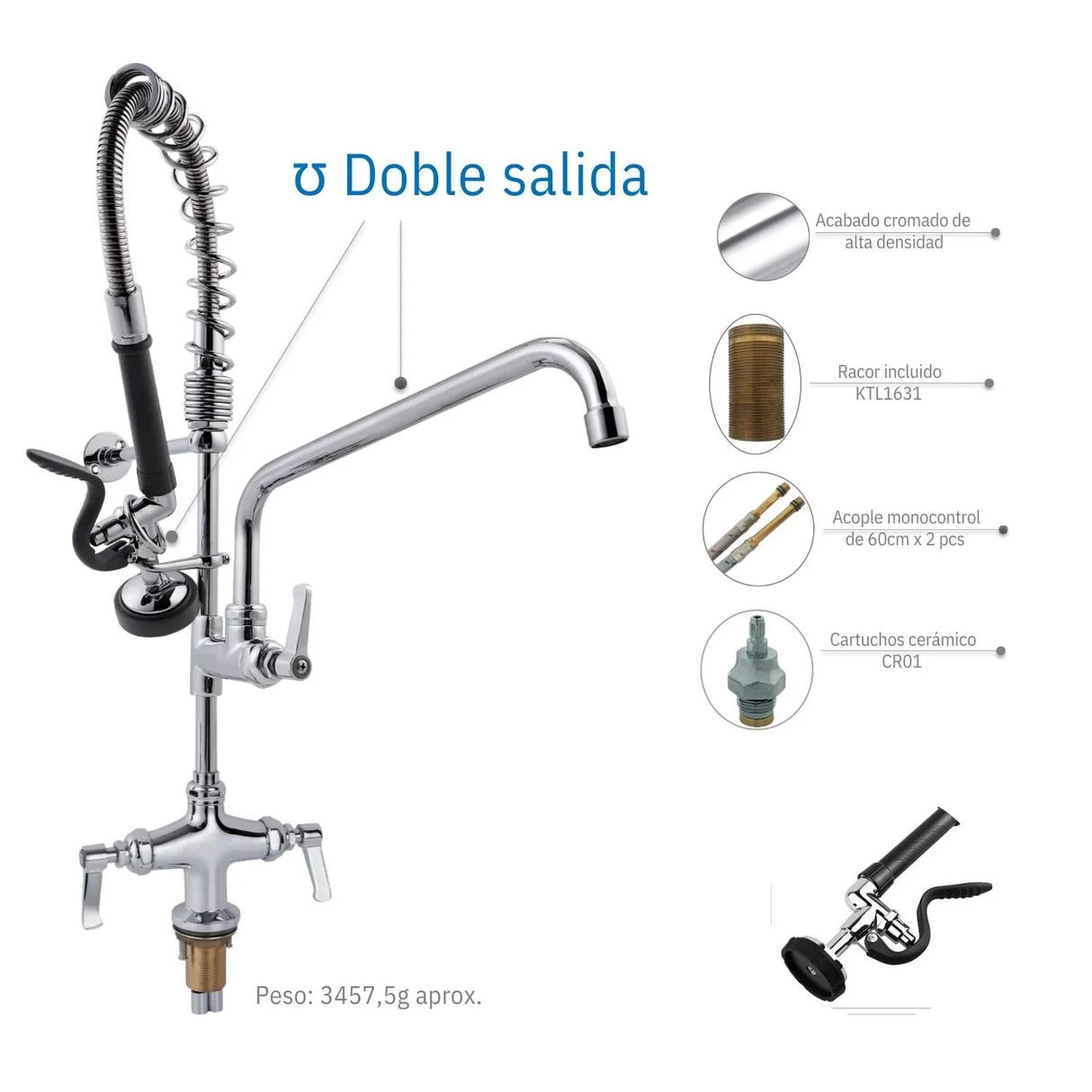 Grifería Mono - Mando Institucional Restaurante - Cromo - Doble Salida - Alta Resistencia