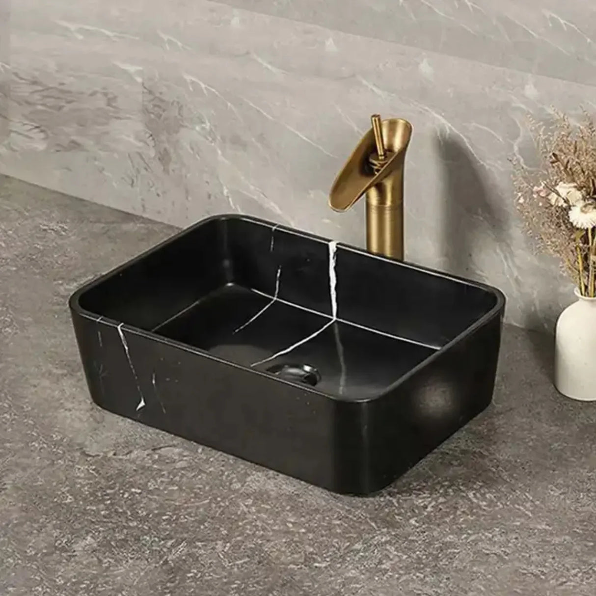 Lavamanos Rectangular Negro Sobreponer 48x37x13 cm en Cerámica – Diseño Moderno Tipo Vessel para Baño