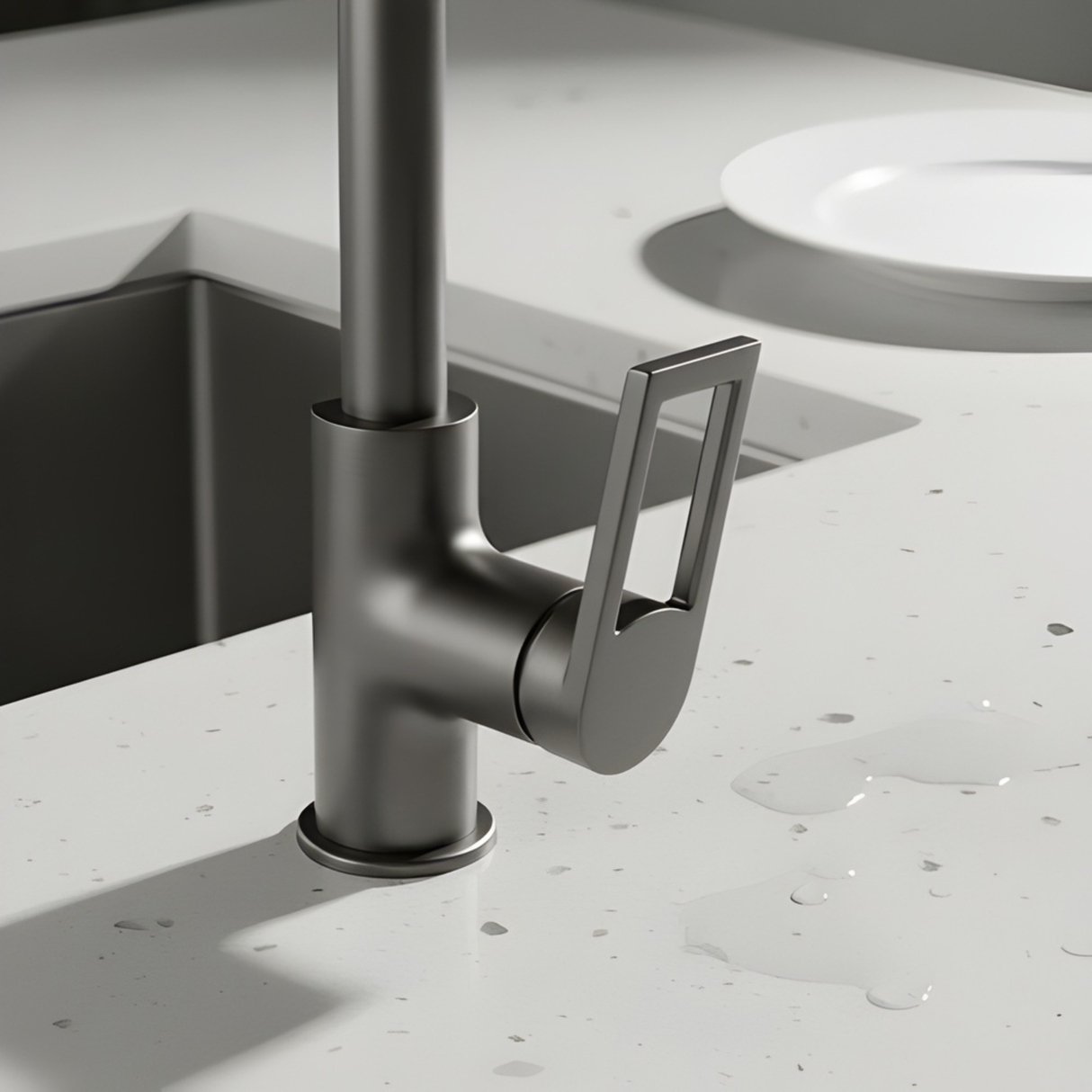 Grifería Monomando Spacco Alto Gris Concreto Cuello Acero In