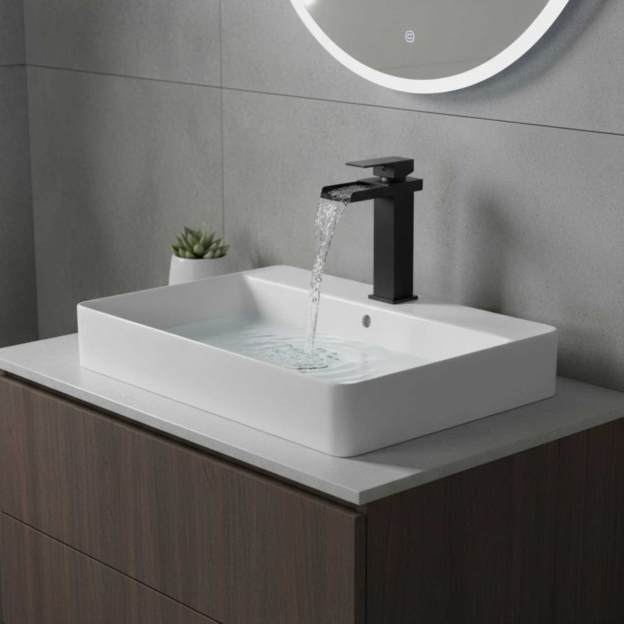 Grifería Monocontrol Alta Cascada Negra Mate 29 cm para Lavamanos Sobreponer