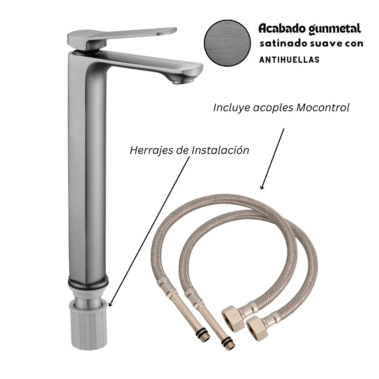 Grifería Lavamanos Monocontrol Alta Gunmetal Antihuellas Metalica