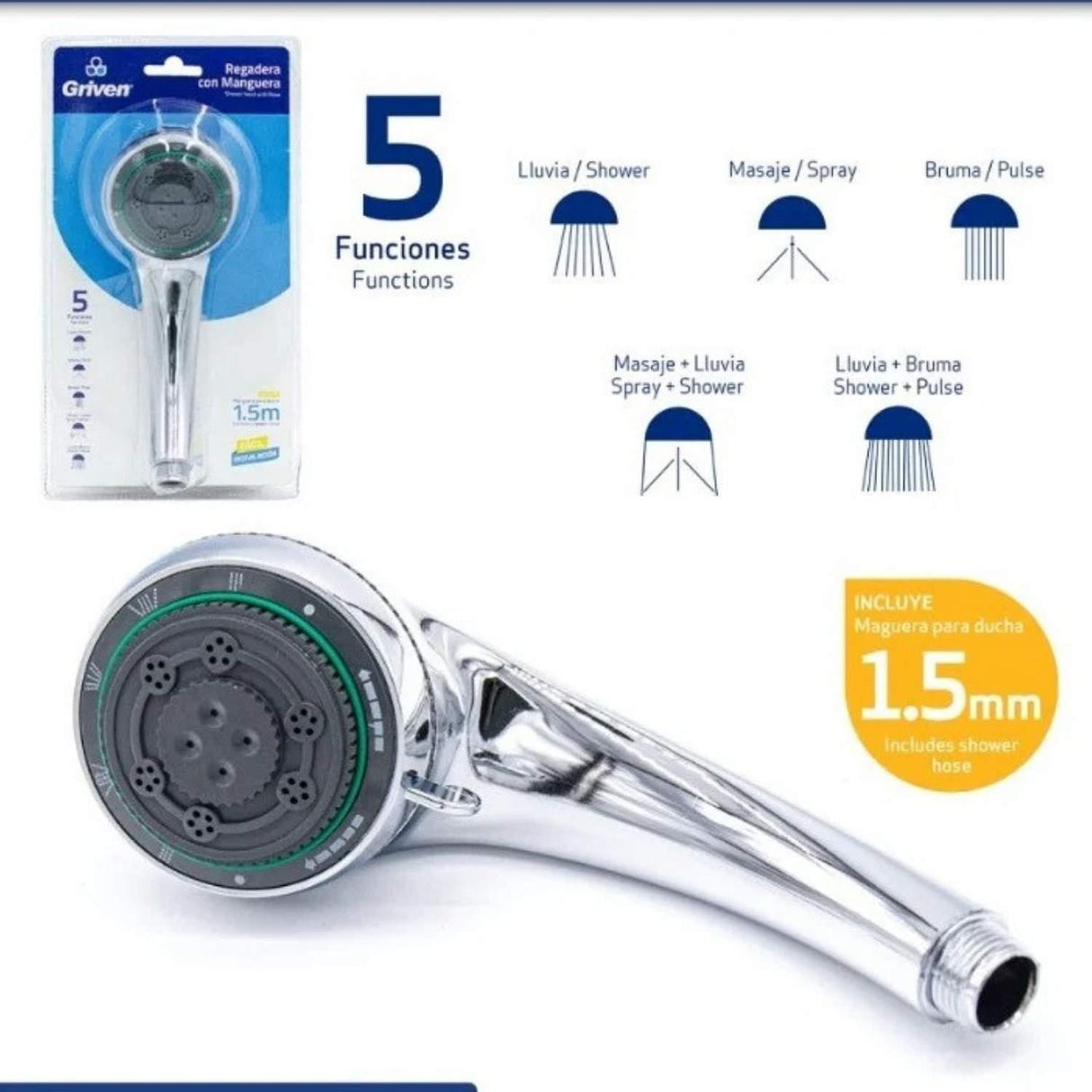Ducha Teléfono Antisarro 5 Funciones Lluvia Masaje Bruma