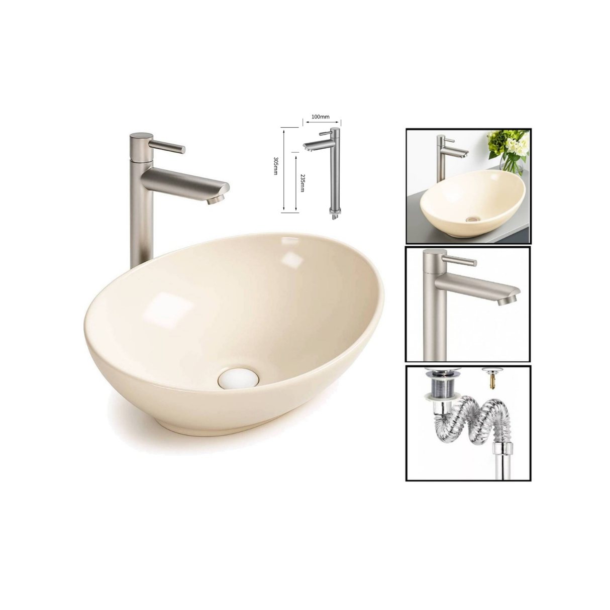 Kit Grifo Agua Fría Acero-lavamanos Canoa Beige Y Desagüe