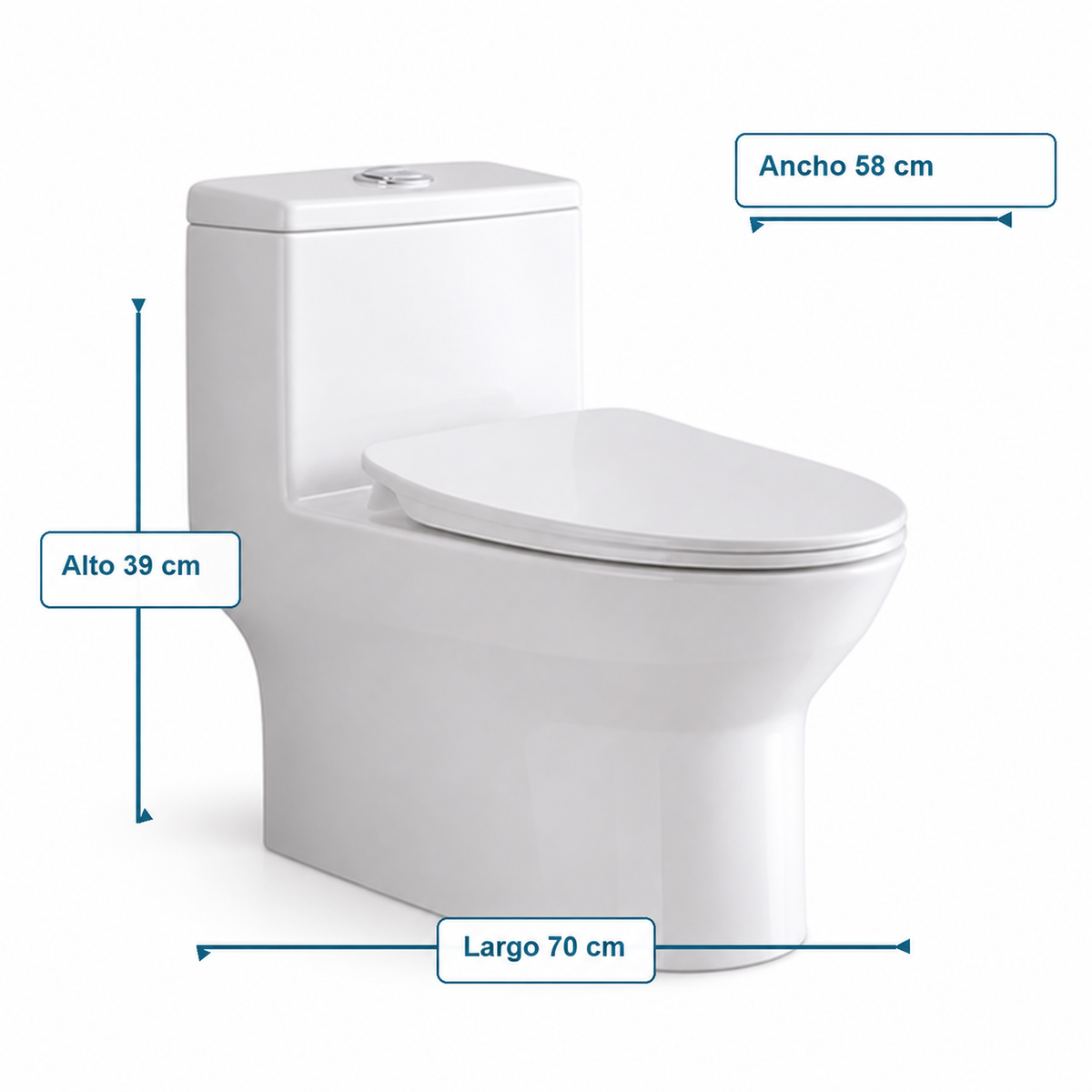 Sanitario One Piece Tornado SKU 565 - medidas: largo 70 cm, alto 39 cm, ancho 58 cm