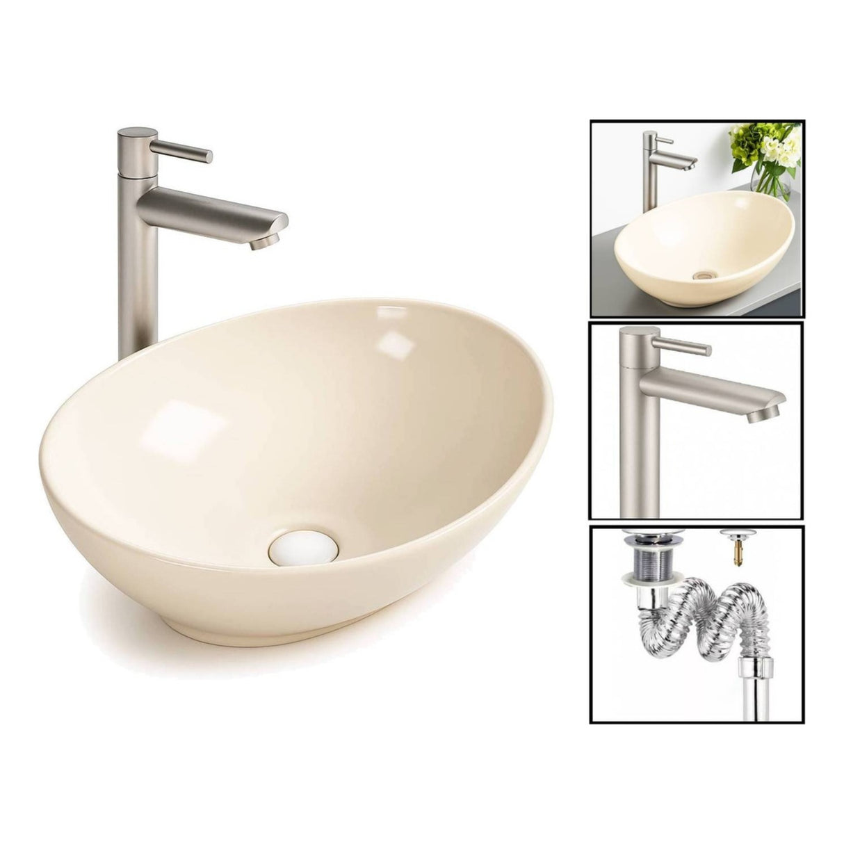 Kit Grifo Agua Fría Acero-lavamanos Canoa Beige Y Desagüe