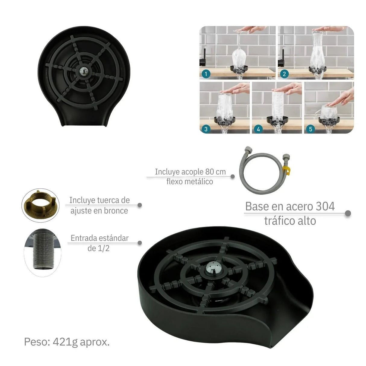 Grifo Lava Vasos Enjuague de Vasos - Negro - Acero SUS304 Alta Calidad