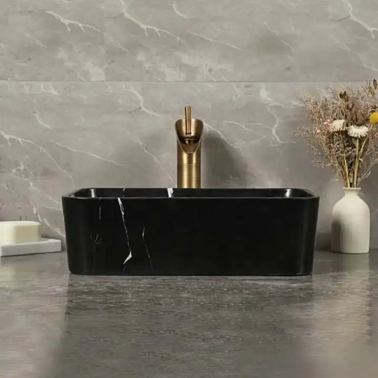 Lavamanos Rectangular Negro Sobreponer 48x37x13 cm en Cerámica – Diseño Moderno Tipo Vessel para Baño