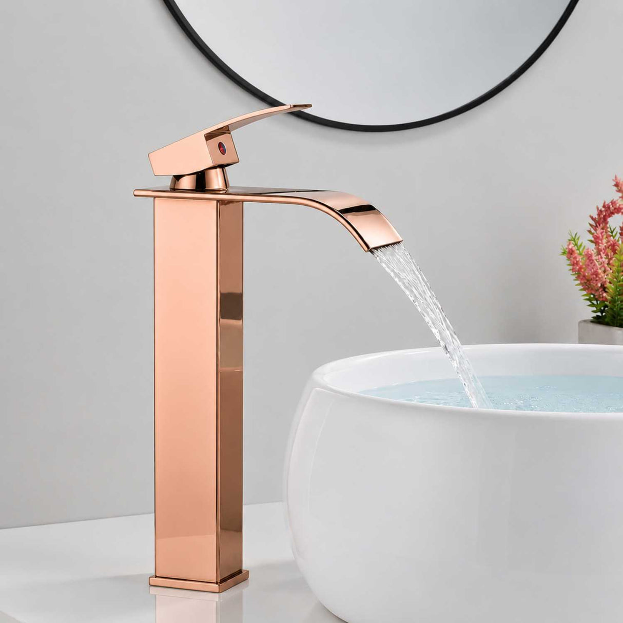 Grifería Lavamanos Alto Milán Oro Rosa Brillante 30 cm Tipo Cascada Monocontrol para Vessel