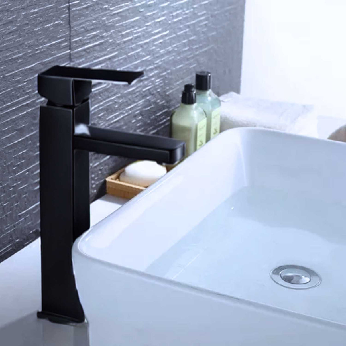 Grifería Lavamanos Alta Negro Mate Cuadrada Monocontrol para Sobreponer 30 cm