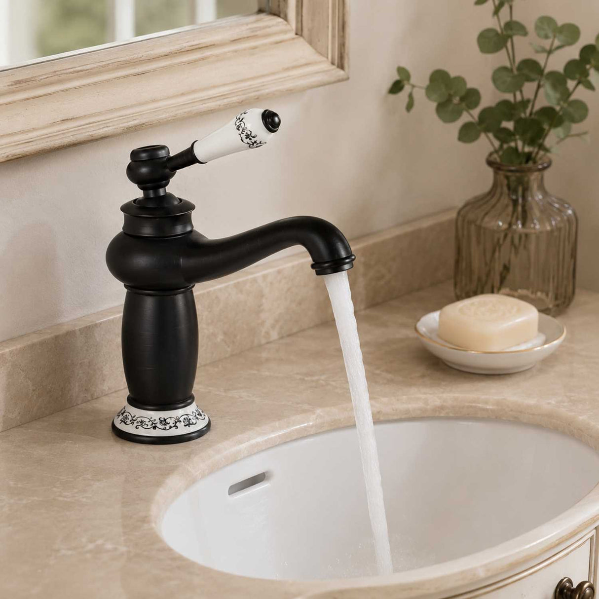 Grifería Lavamanos Bajo Negro Blanco Monocontrol Vintage para Baño