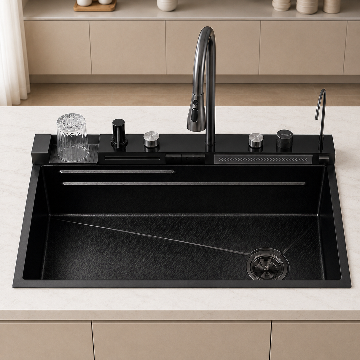 Lavaplatos inteligente Pamo negro 75 × 46 cm en acero inoxidable 304 con grifería multifunción y accesorios móviles