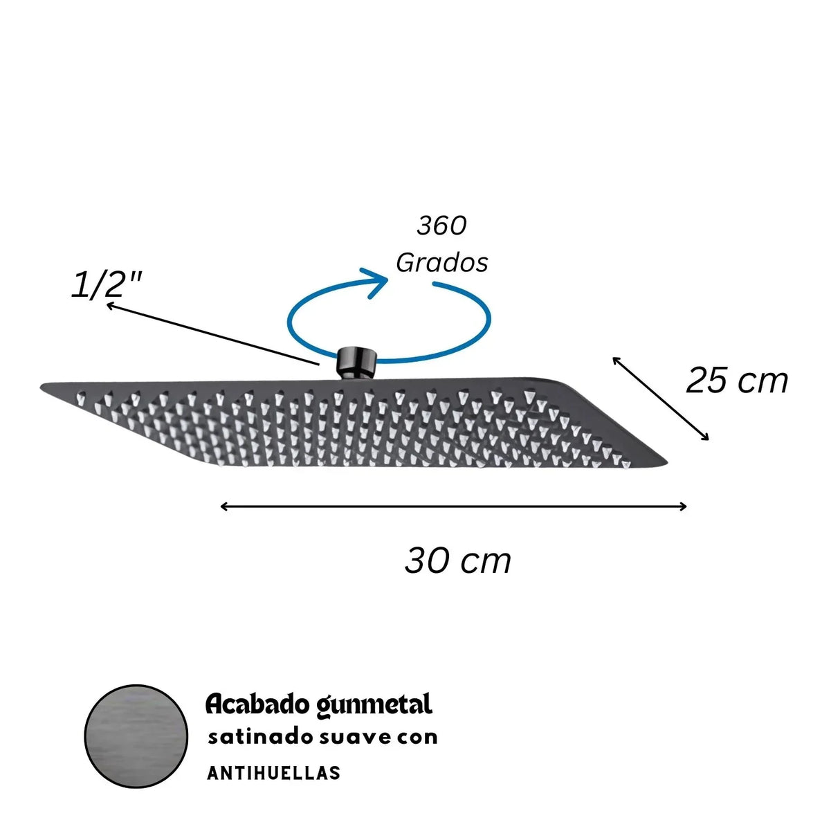 Set Tubo Cuadrado + Regadera Gris Níquel Antihuellas Kassel 25x30 cm