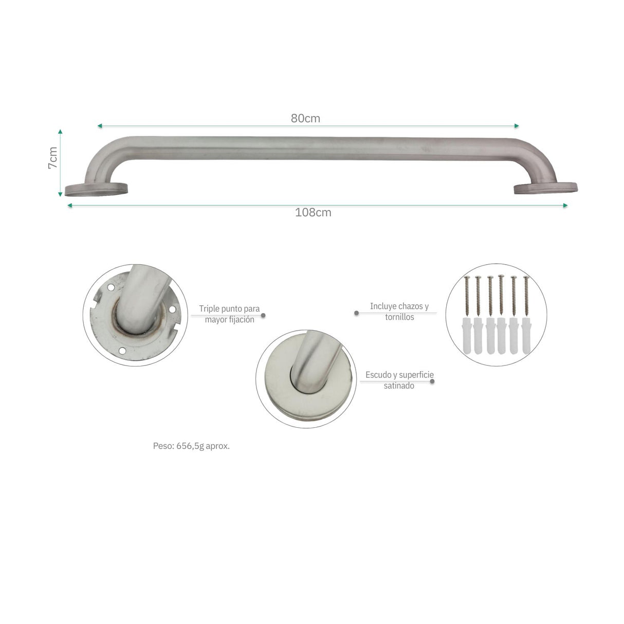 Barra de Seguridad en Acero SUS304 Satinado 80 cm – Resistente y Fácil Instalación