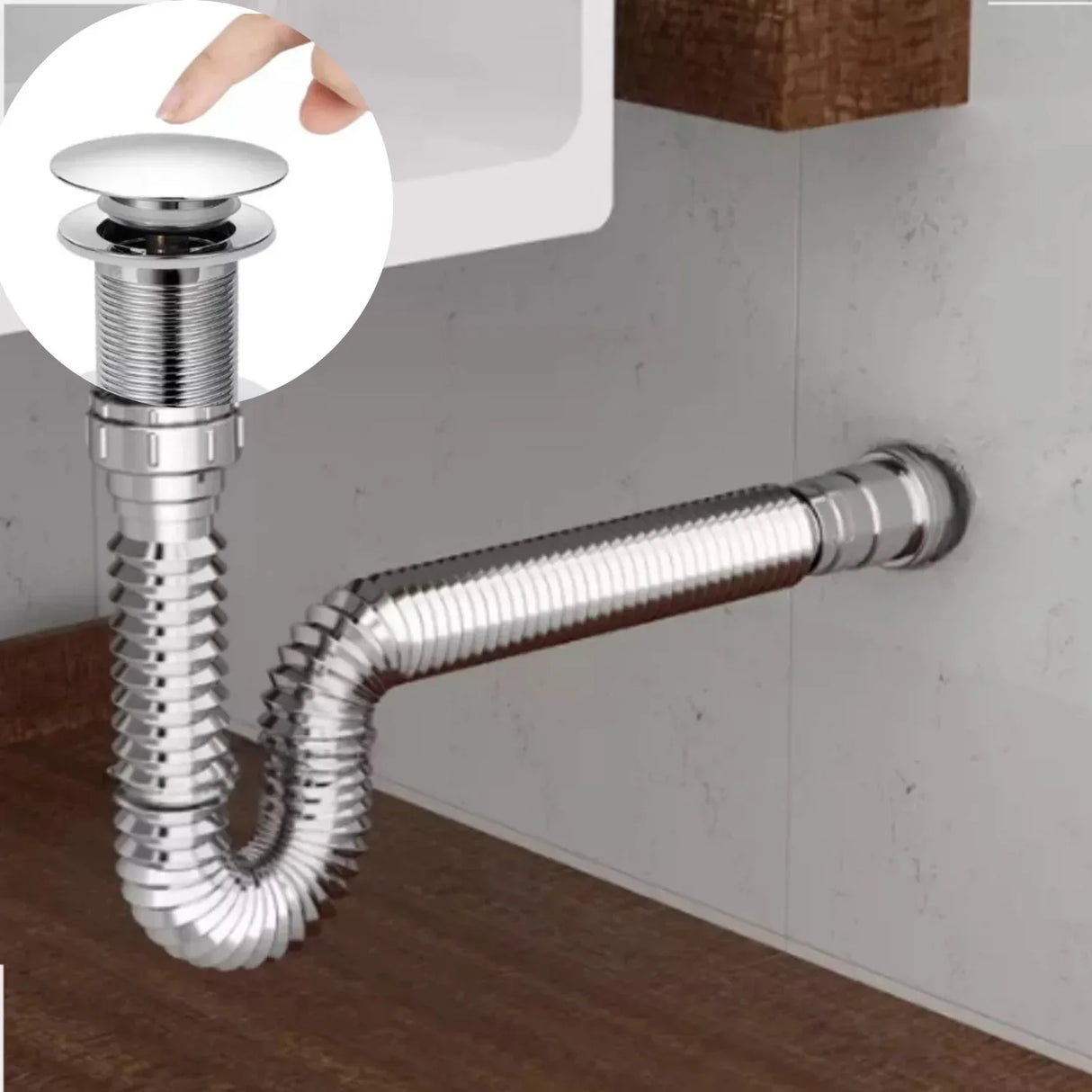 Sifón Desagüe Push Flexible Corrugado - Cromado - Metal y Polipropileno - 42.5 cm - Fácil Instalación