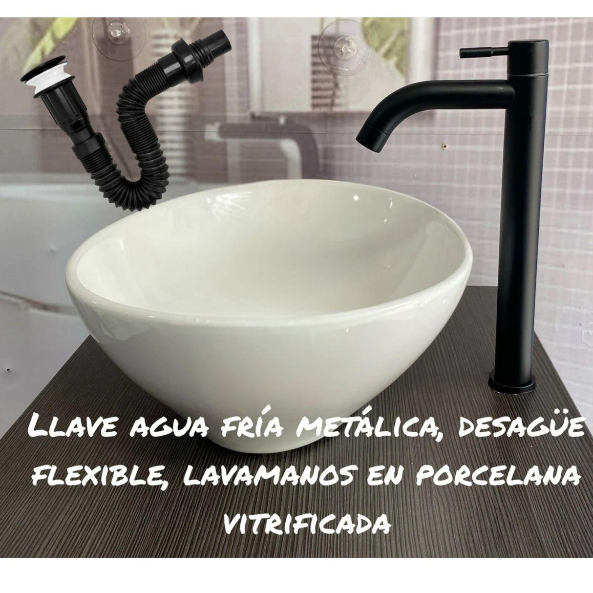 Kit Lavamanos Canoa Blanco 40,5 × 31 cm + Grifería Alta Negra + Desagüe Push y Acoflex