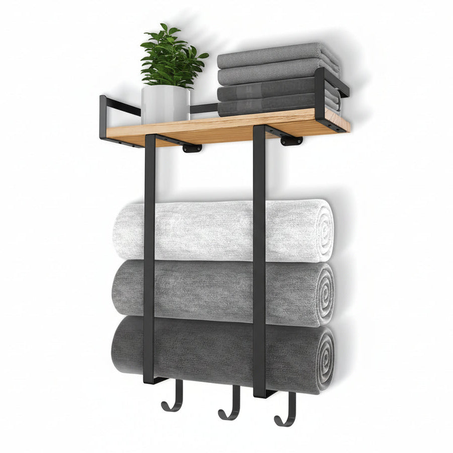 Toallero de Baño con Repisa de Madera y 3 Ganchos – Organizador de Pared para Toallas